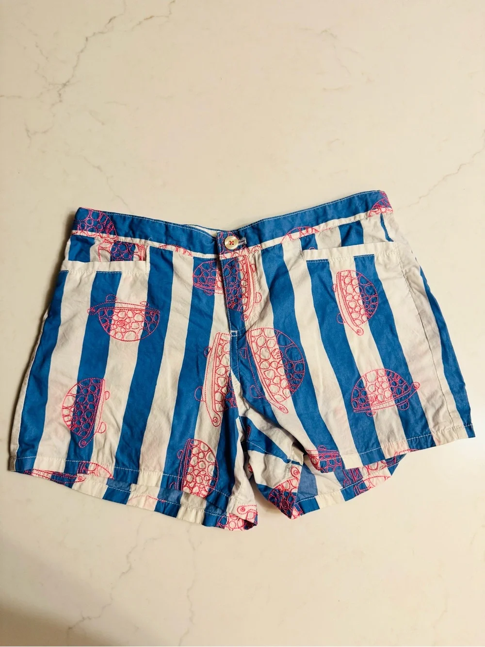 Lilly Pulitzer Girls Blue Striped Embroidered Turtle Shorts Size 16